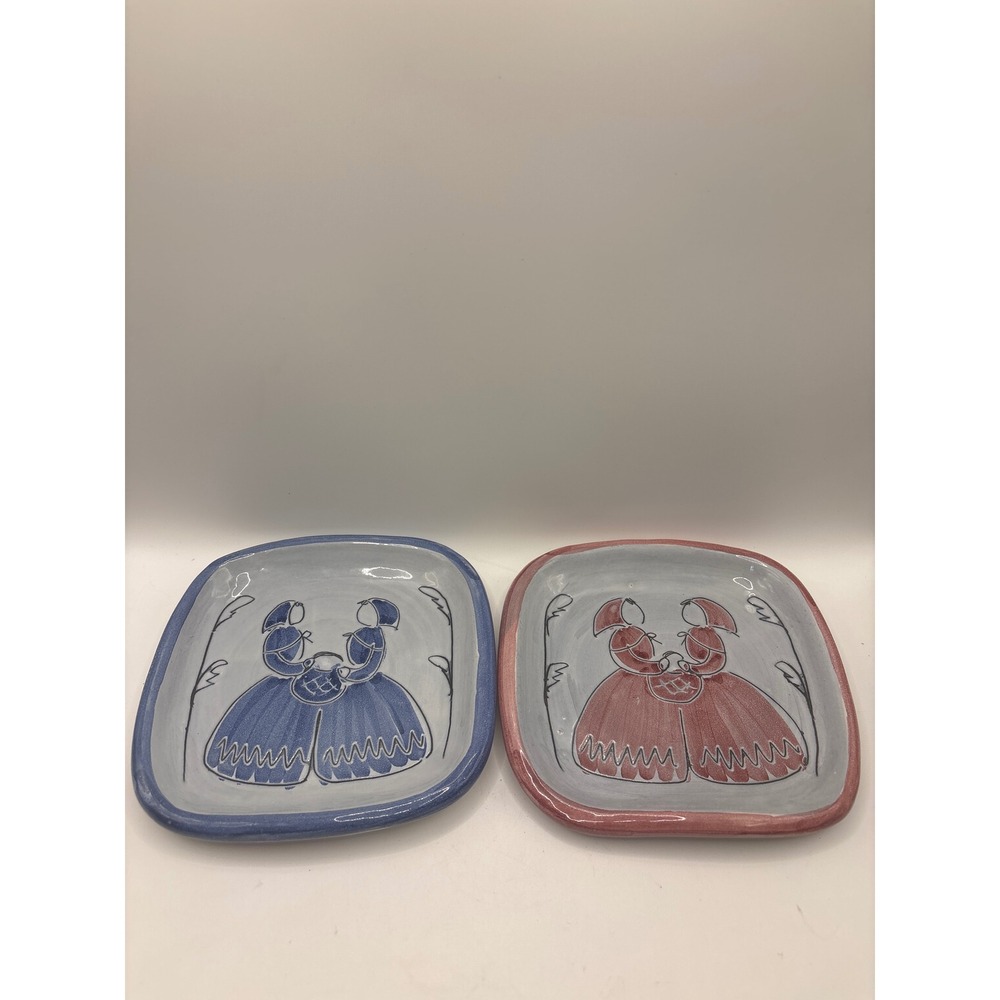 Lidrel Norway Studio Pottery Small Square Plates Trinket Dish Set of 2 Folk Art
